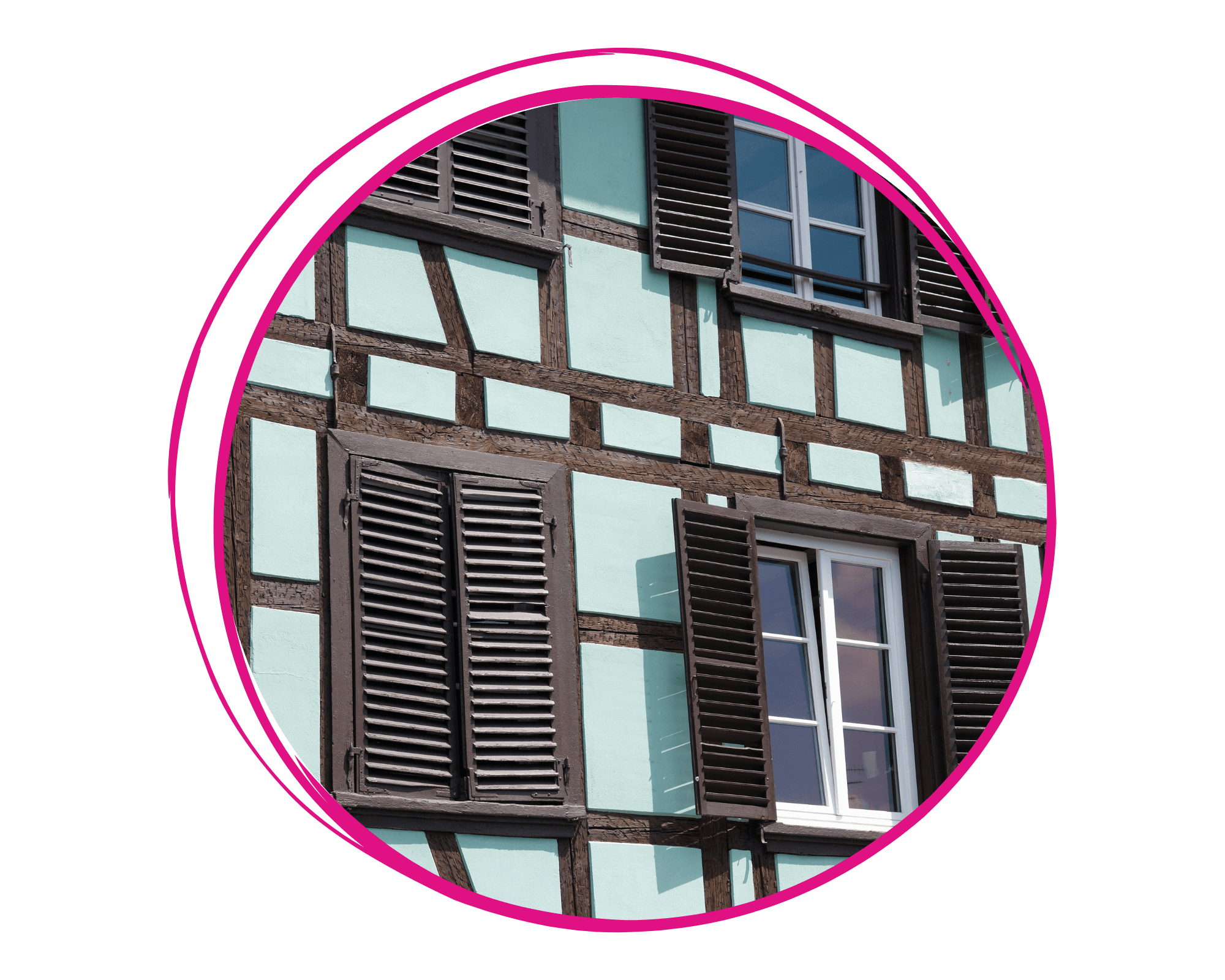 Image de présentation de la catégorie maison déco et travaux : maison alsacienne bleu dans un rond aux contours roses.